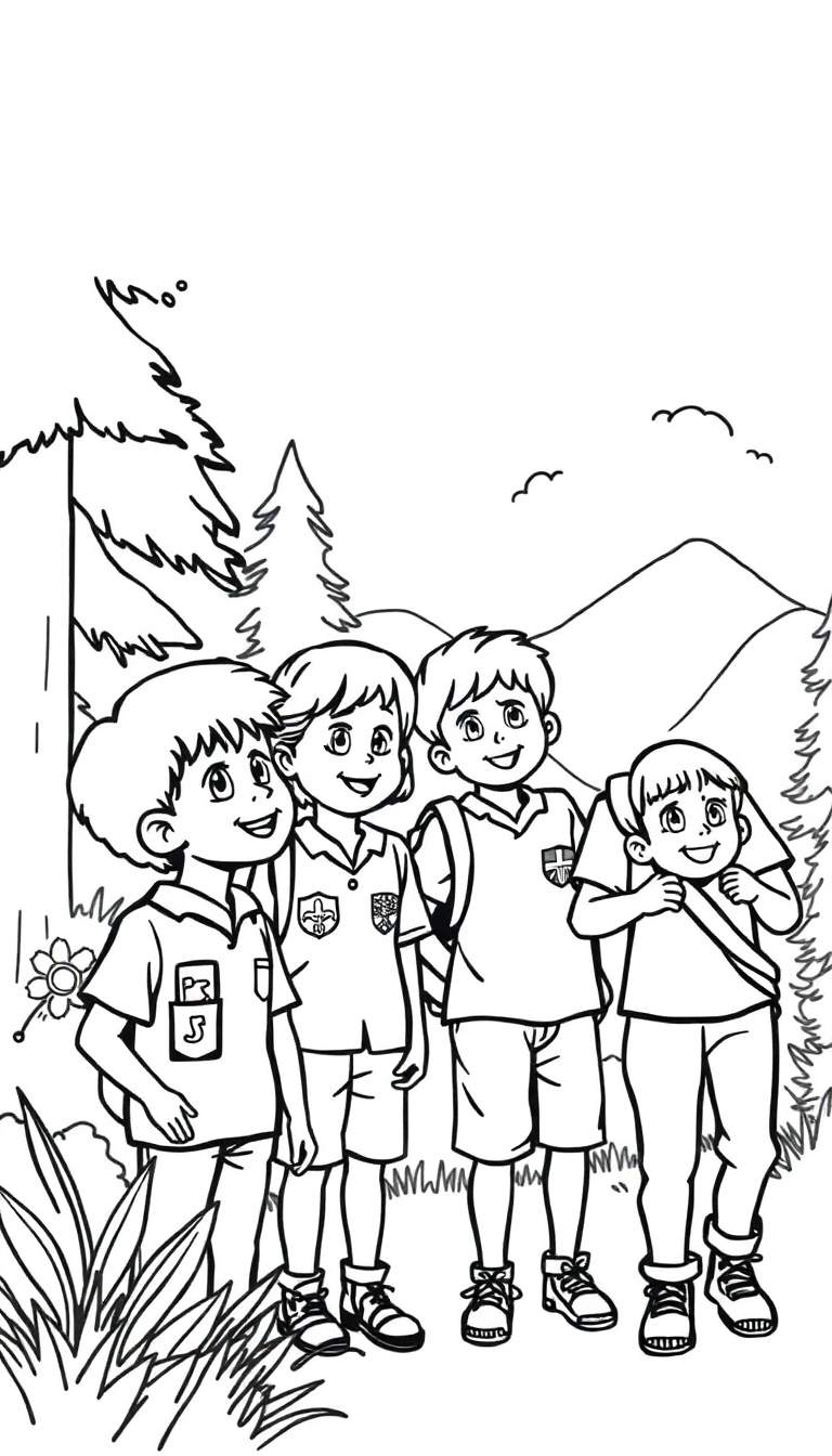 Kleurplaat: blije kinderen in scoutinguniform op zomerkamp in het bos.