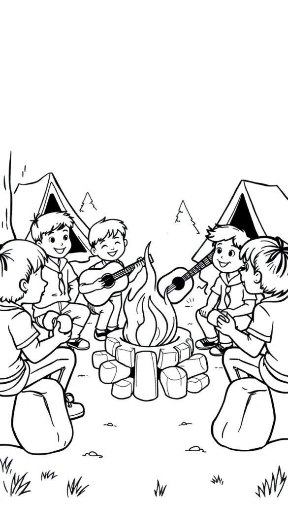 Kleurplaat van blije scoutingkinderen rond een kampvuur met gitaren.