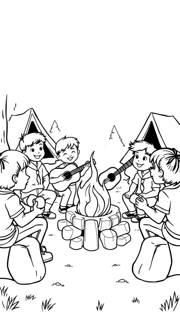 Kleurplaat van blije scoutingkinderen rond een kampvuur met gitaren.