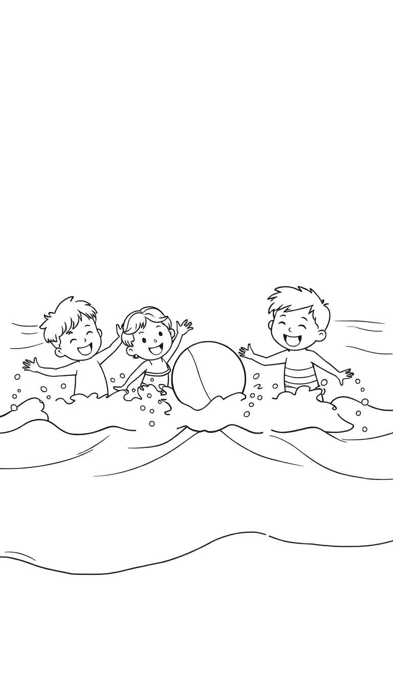Kleurplaat van blije kinderen die in de zee spelen met een bal tijdens de zomervakantie.
