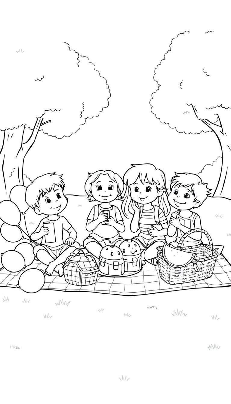 Kleurplaat van blije kinderen die picknicken in de zomer