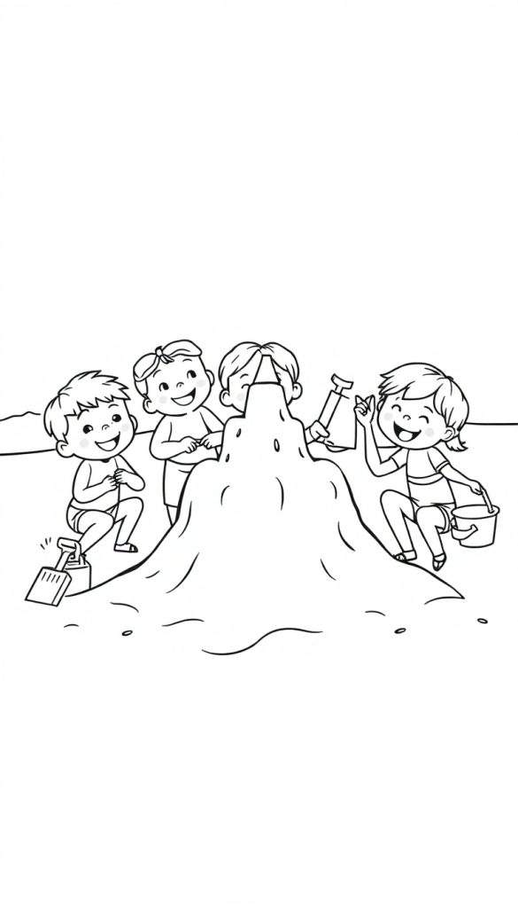 Kleurplaat van vrolijke kinderen die een zandkasteel bouwen op het strand met schep en emmer.