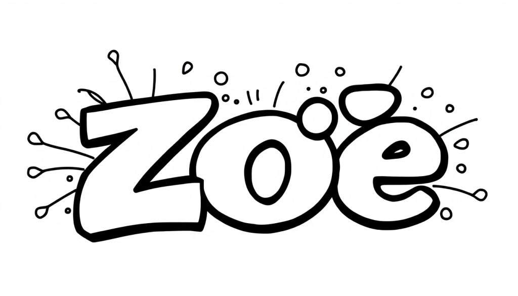 Een lieve graffiti kleurplaat met de naam Zoë in regenboogkleuren.