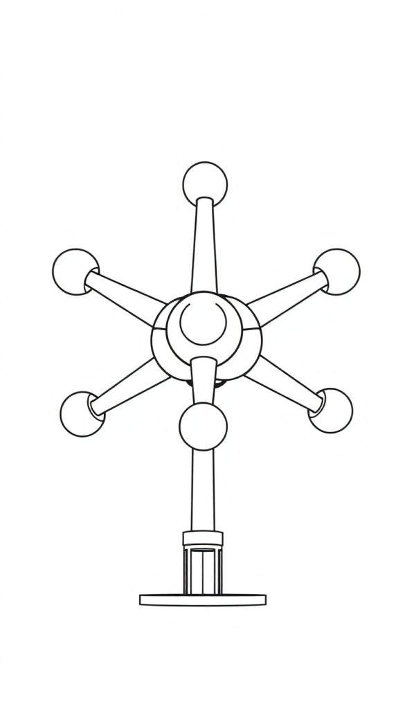 Zwart-wit lijntekening van een abstract, symmetrisch object dat lijkt op een molecuulmodel, met een centraal bolvormig element, zes uitstralende armen die eindigen in bolletjes, en een verticale staaf die rust op een rechthoekige basis.