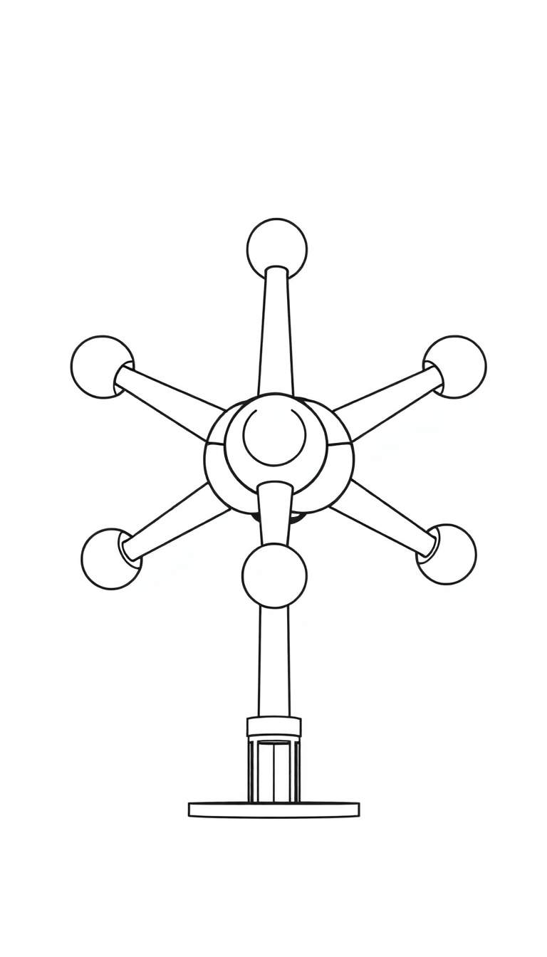 Zwart-wit lijntekening van een abstract, symmetrisch object dat lijkt op een molecuulmodel, met een centraal bolvormig element, zes uitstralende armen die eindigen in bolletjes, en een verticale staaf die rust op een rechthoekige basis.