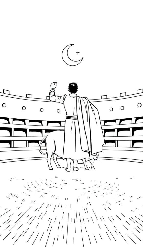 Zwart-wit kleurplaat van een arena met op de vloer een man die groet en een stier. Op de achtergrond tribunes en bovenaan een halvemaan met ster.