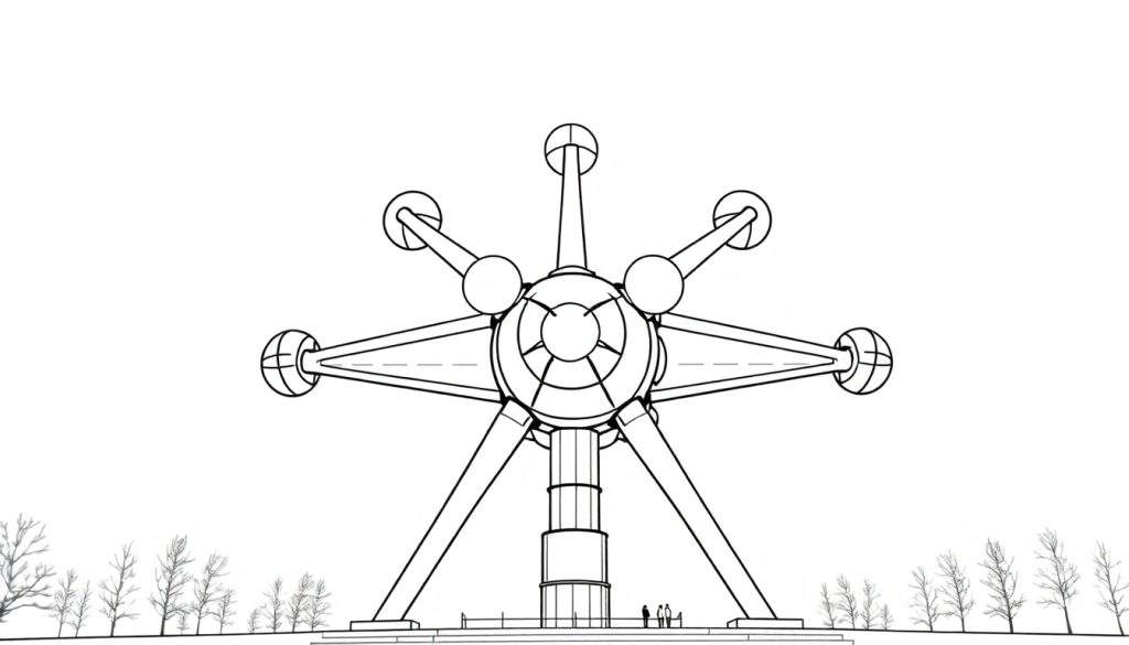 Kleurplaat van het Atomium, een zwart-wit lijntekening van de iconische structuur in Brussel, België.
