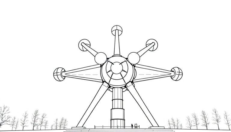 Kleurplaat van het Atomium, een zwart-wit lijntekening van de iconische structuur in Brussel, België.