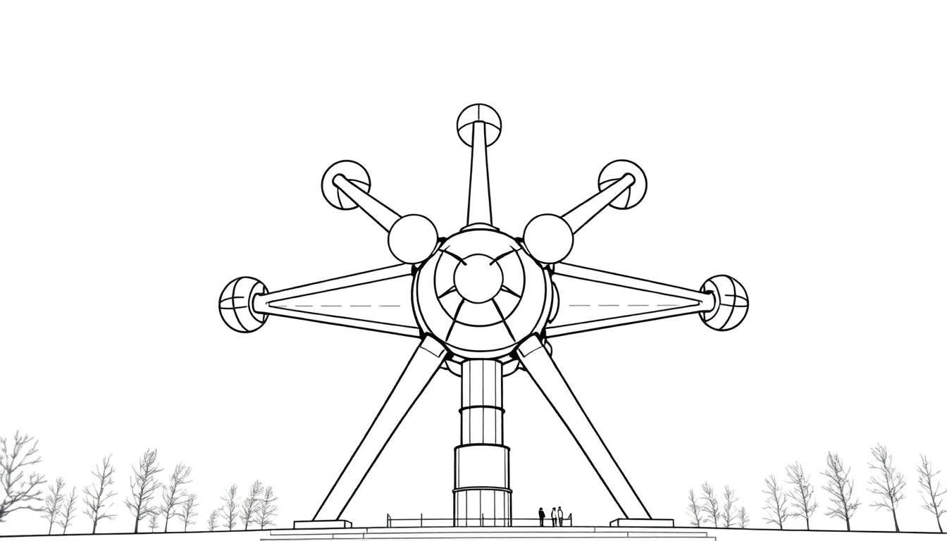 Kleurplaat van het Atomium, een zwart-wit lijntekening van de iconische structuur in Brussel, België.