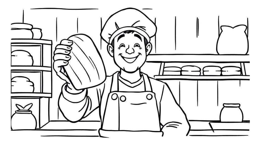Kleurplaat van een lachende bakker met koksmuts en schort die een brood omhoog houdt, met op de achtergrond schappen gevuld met broodjes en kommen.