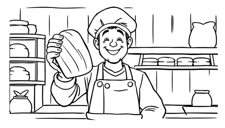 Kleurplaat van een lachende bakker met koksmuts en schort die een brood omhoog houdt, met op de achtergrond schappen gevuld met broodjes en kommen.