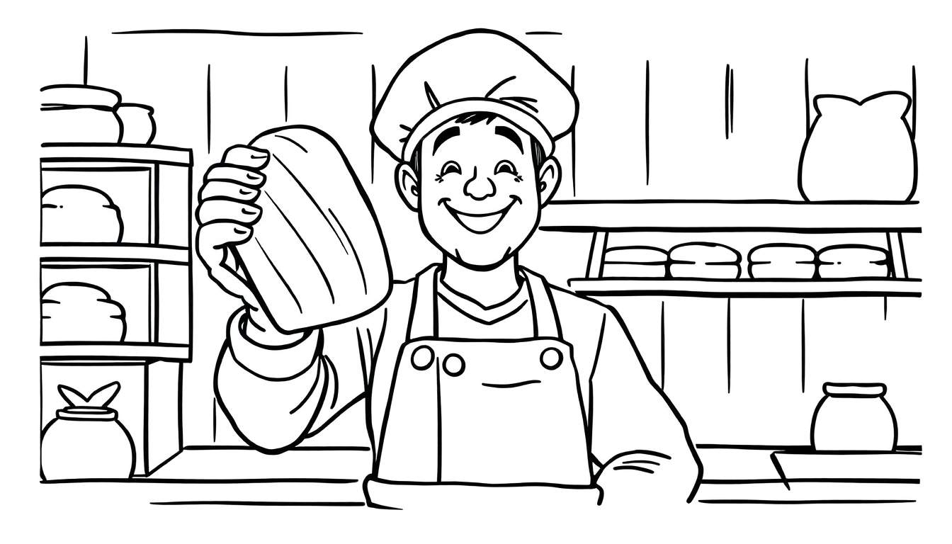 Kleurplaat van een lachende bakker met koksmuts en schort die een brood omhoog houdt, met op de achtergrond schappen gevuld met broodjes en kommen.