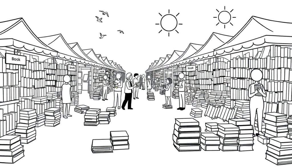 Zwart-wit kleurplaat van een boekenmarkt met rijen kramen, stapels boeken, mensen die boeken bekijken en zonnen aan de hemel.
