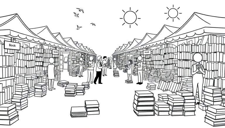 Zwart-wit kleurplaat van een boekenmarkt met rijen kramen, stapels boeken, mensen die boeken bekijken en zonnen aan de hemel.