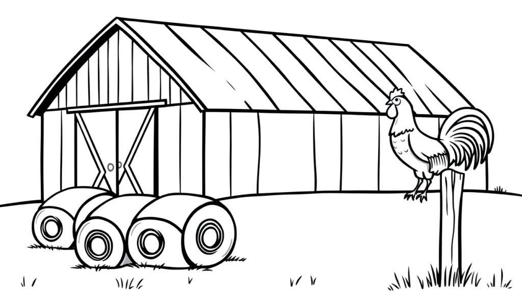 Kleurplaat van een boerderij met een grote schuur, drie hooibalen en een haan.