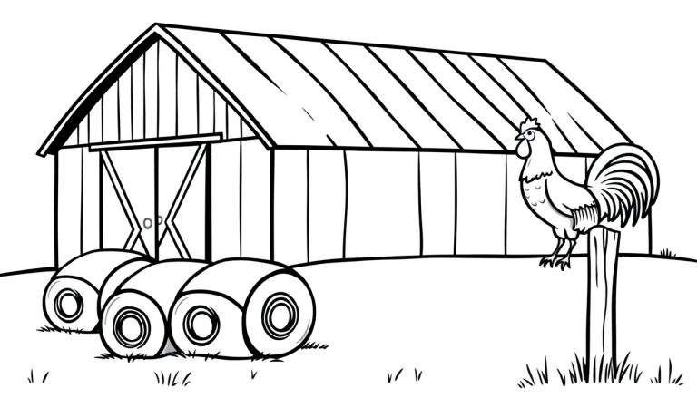 Kleurplaat van een boerderij met een grote schuur, drie hooibalen en een haan.