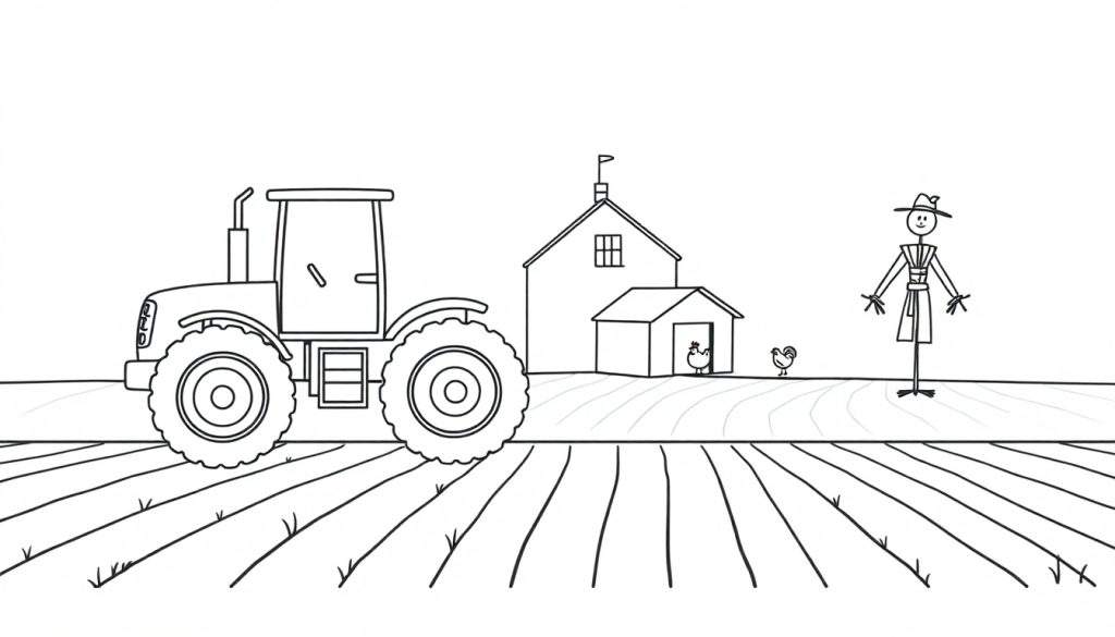 Kleurplaat van een boerderijlandschap met een tractor, veld, boerderijgebouwen, kippen en een vogelverschrikker.