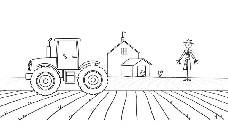 Kleurplaat van een boerderijlandschap met een tractor, veld, boerderijgebouwen, kippen en een vogelverschrikker.