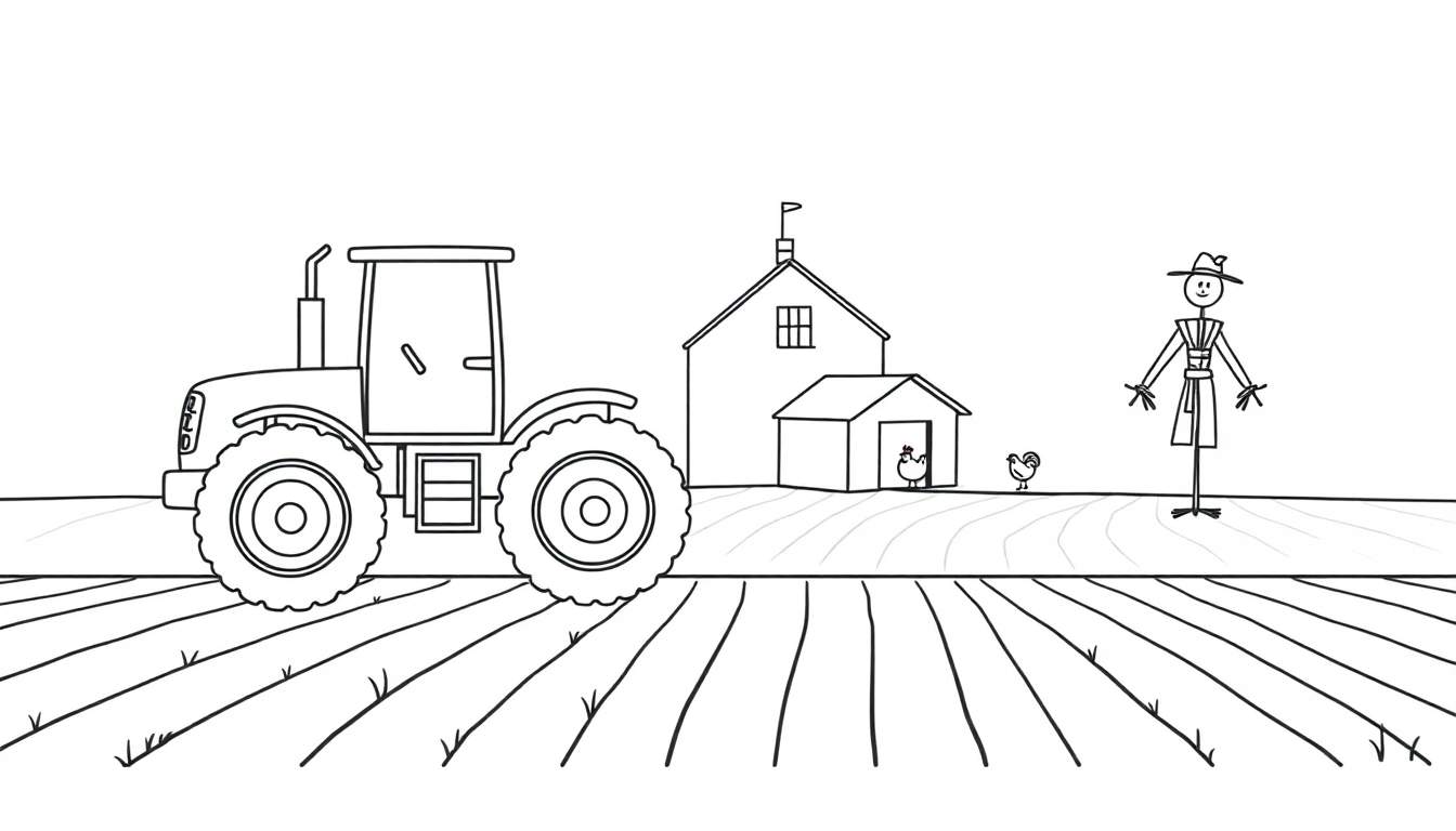Kleurplaat van een boerderijlandschap met een tractor, veld, boerderijgebouwen, kippen en een vogelverschrikker.