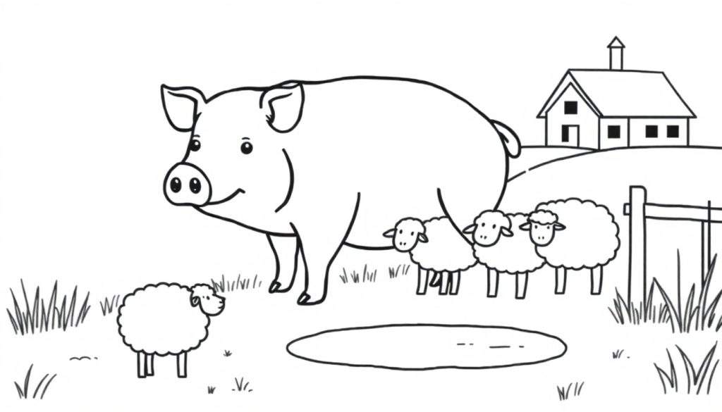 Kleurplaat van een boerderij met een groot varken, vier schapen, een boerderijhuis op een heuvel, een hek, gras en een waterplas.