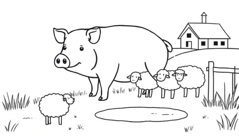 Kleurplaat van een boerderij met een groot varken, vier schapen, een boerderijhuis op een heuvel, een hek, gras en een waterplas.