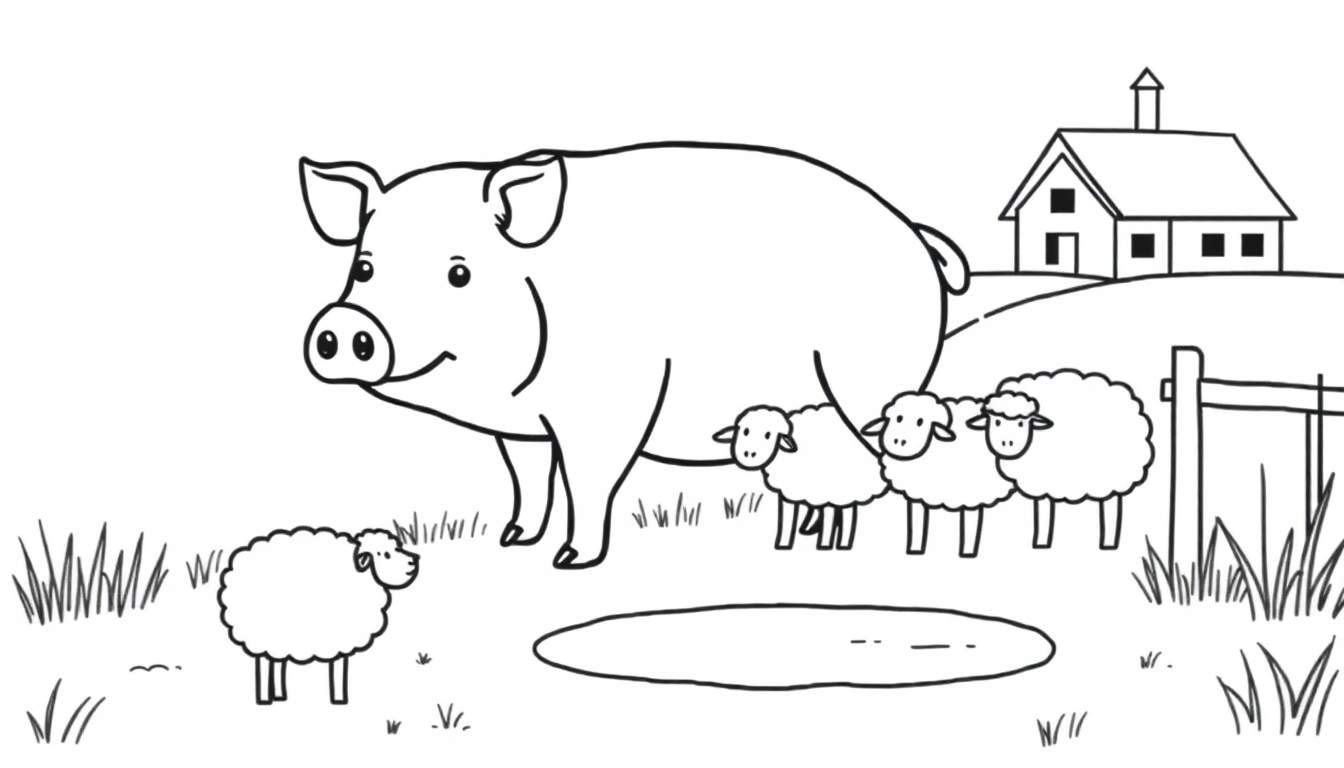 Kleurplaat van een boerderij met een groot varken, vier schapen, een boerderijhuis op een heuvel, een hek, gras en een waterplas.