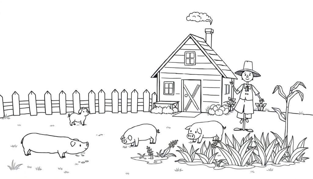 Kleurplaat van een boerderijtafereel met een huisje, drie varkens, een hek, een vogelverschrikker, appels en maïs.