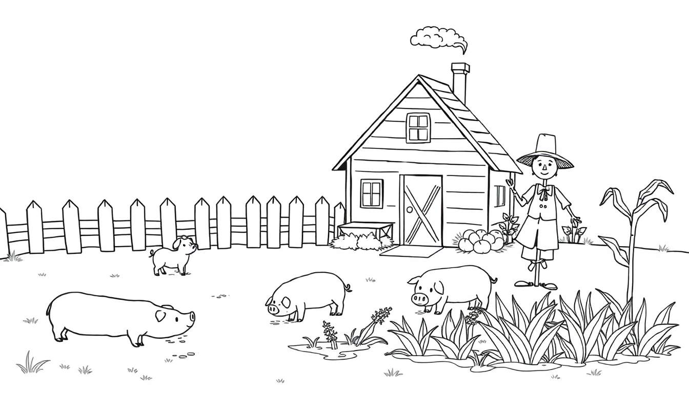 Kleurplaat van een boerderijtafereel met een huisje, drie varkens, een hek, een vogelverschrikker, appels en maïs.