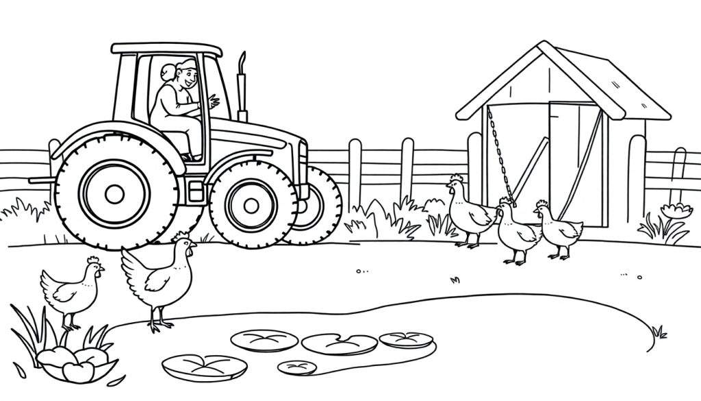 Zwart-wit tekening van een boerderijtafereel met een tractor, vrouw, kippenhok, kippen en een vijver.