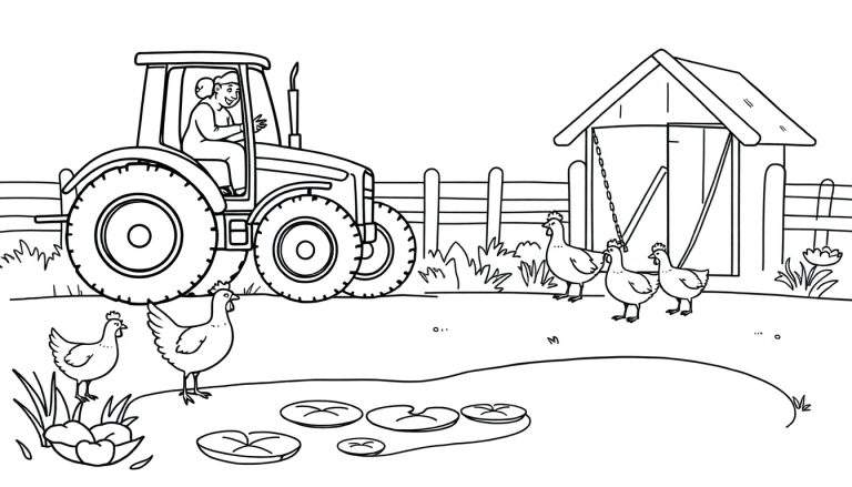 Zwart-wit tekening van een boerderijtafereel met een tractor, vrouw, kippenhok, kippen en een vijver.