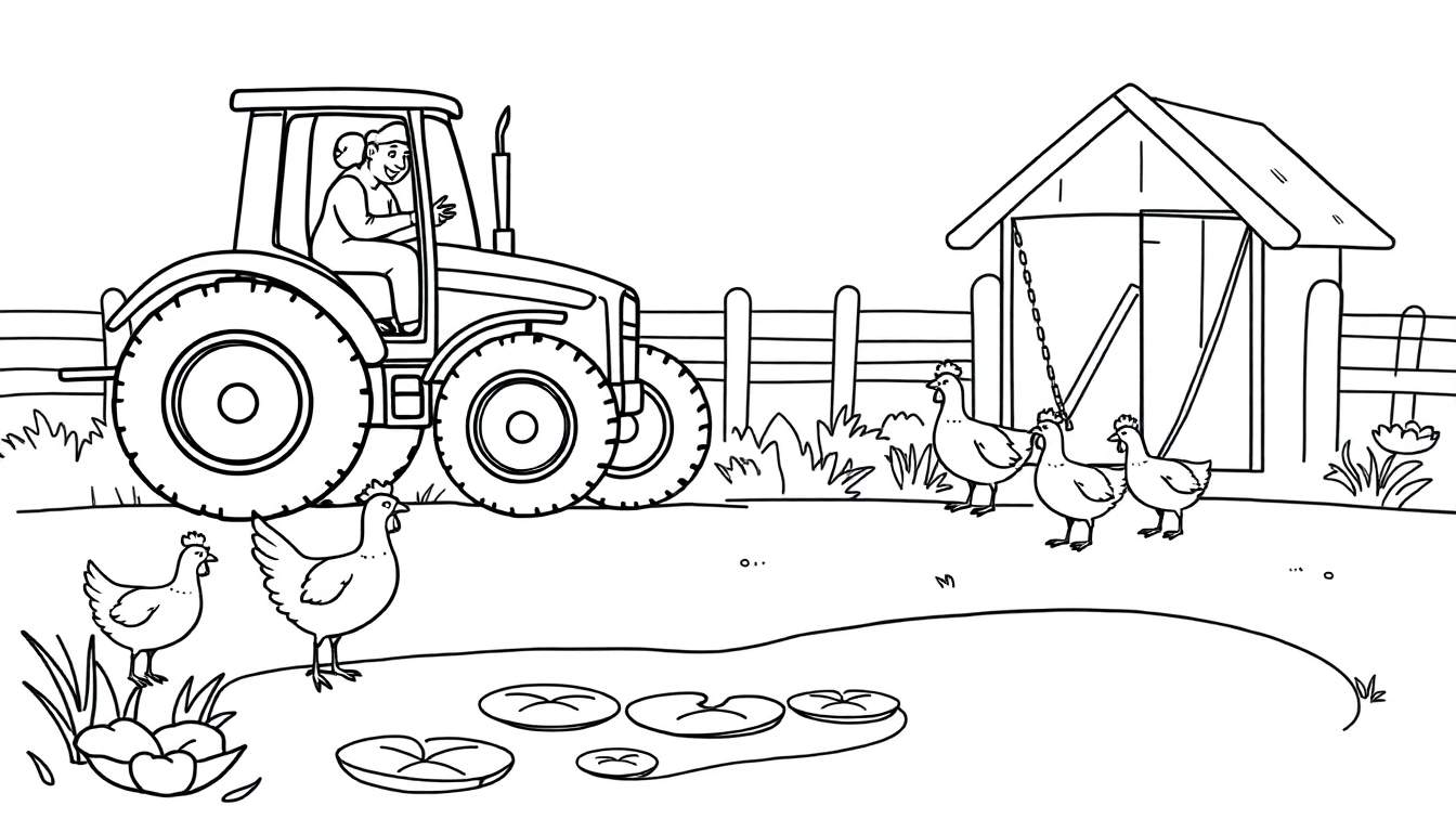 Zwart-wit tekening van een boerderijtafereel met een tractor, vrouw, kippenhok, kippen en een vijver.