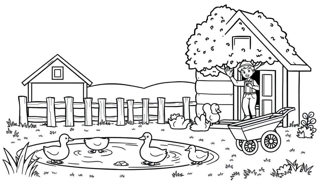 Kleurplaat van een boerderijscène met een zwaaiende jongen, eenden in een vijver, een huisje, een hek, gras en heuvels op de achtergrond.