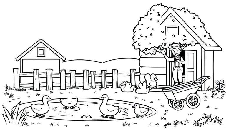 Kleurplaat van een boerderijscène met een zwaaiende jongen, eenden in een vijver, een huisje, een hek, gras en heuvels op de achtergrond.