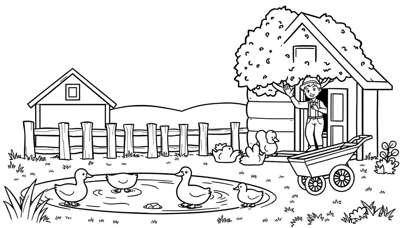 Kleurplaat van een boerderijscène met een zwaaiende jongen, eenden in een vijver, een huisje, een hek, gras en heuvels op de achtergrond.