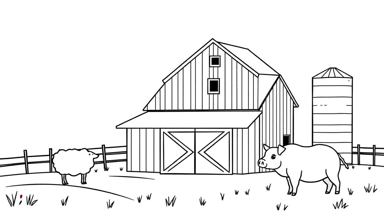 Zwart-wit lijnschets van een boerderij met een schuur, silo, schaap, varken en een hek.