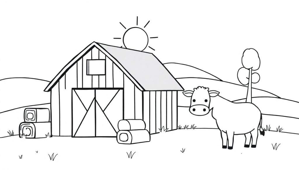 Zwart-wit kleurplaat van een boerderijlandschap met een schuur, hooibalen, een zon, een lachende koe, een boom en heuvels op de achtergrond.