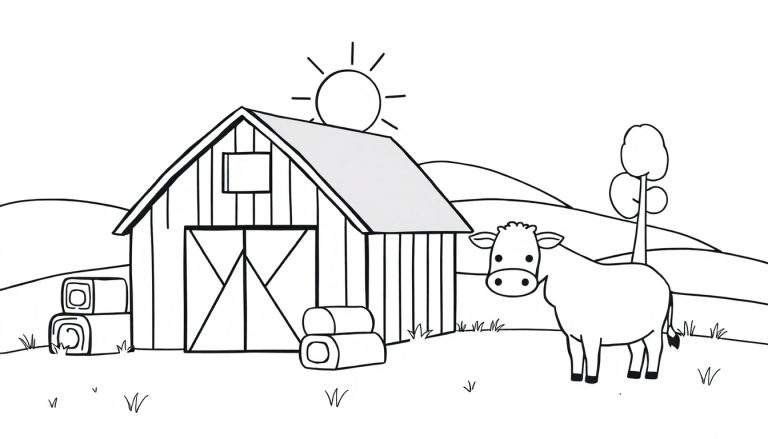 Zwart-wit kleurplaat van een boerderijlandschap met een schuur, hooibalen, een zon, een lachende koe, een boom en heuvels op de achtergrond.