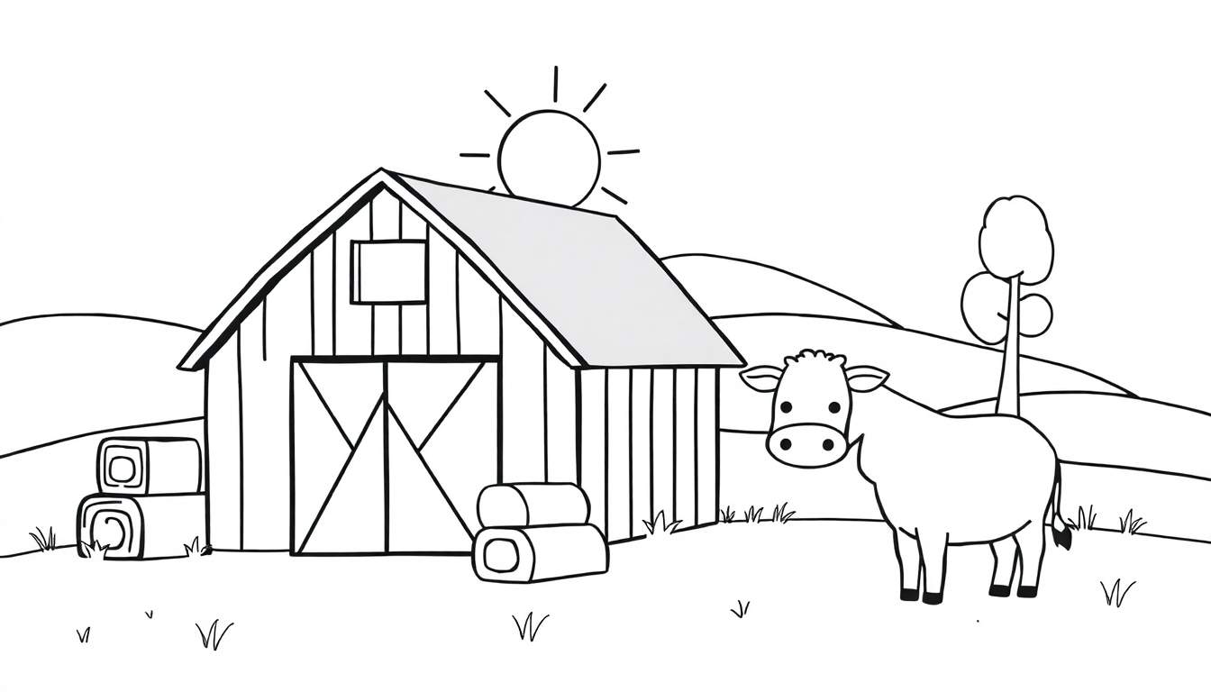 Zwart-wit kleurplaat van een boerderijlandschap met een schuur, hooibalen, een zon, een lachende koe, een boom en heuvels op de achtergrond.