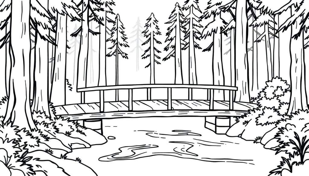 Zwart-witte lijntekening van een boslandschap met een houten brug over een beek, omringd door bomen en begroeiing.