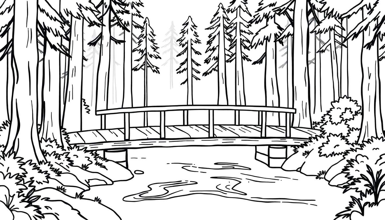 Zwart-witte lijntekening van een boslandschap met een houten brug over een beek, omringd door bomen en begroeiing.