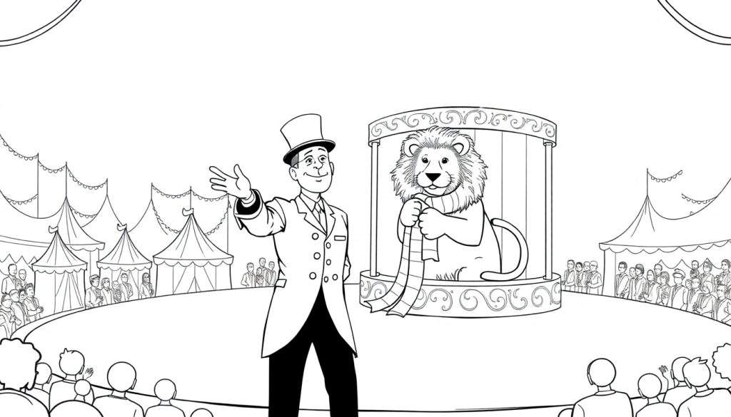 Kleurplaat van een circus met een spreekstalmeester in een hoge hoed en een leeuw met een sjaal op een podium, publiek kijkt toe, versierde circustenten op de achtergrond.