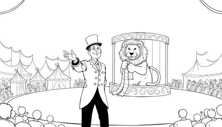 Kleurplaat van een circus met een spreekstalmeester in een hoge hoed en een leeuw met een sjaal op een podium, publiek kijkt toe, versierde circustenten op de achtergrond.
