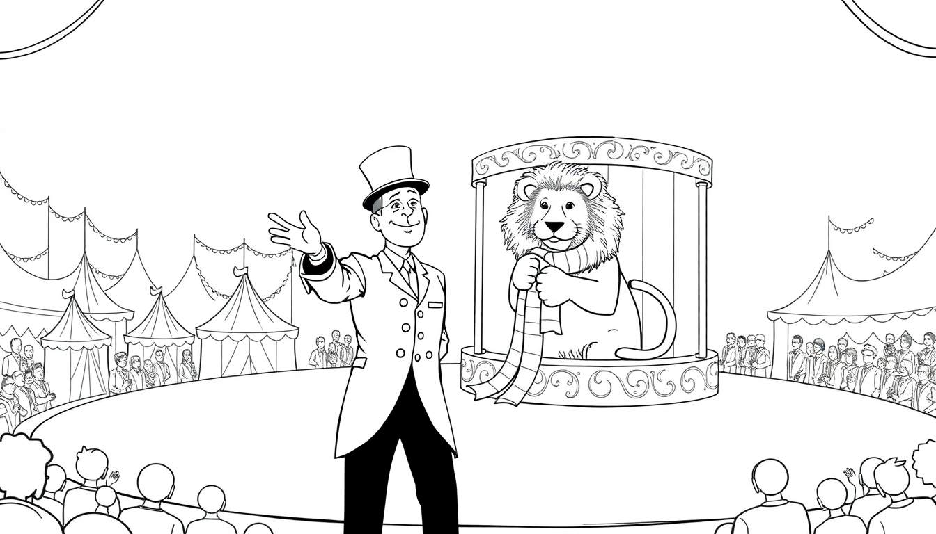 Kleurplaat van een circus met een spreekstalmeester in een hoge hoed en een leeuw met een sjaal op een podium, publiek kijkt toe, versierde circustenten op de achtergrond.