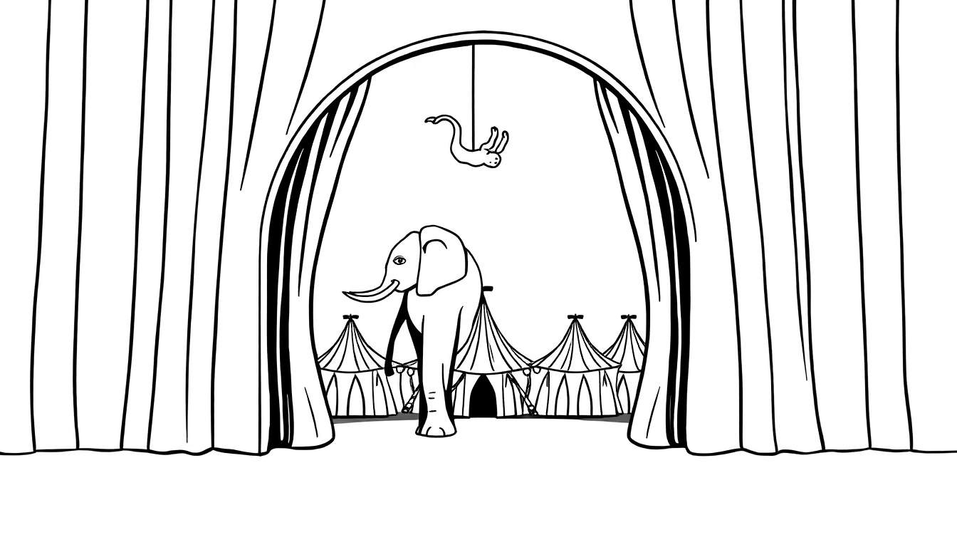 Zwart-wit kleurplaat met een grote olifant voor circustenten, een klein wezentje hangt erboven. Omringd door gordijnen.