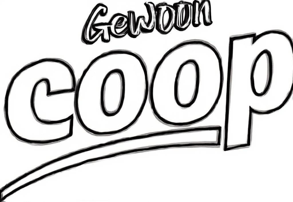 Kleurplaat van het COOP logo met 'Gewoon' erboven, in blokletters en script, met schaduw en dubbele lijn.