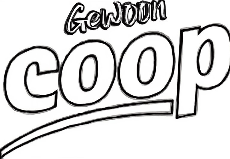 Kleurplaat van het COOP logo met 'Gewoon' erboven, in blokletters en script, met schaduw en dubbele lijn.