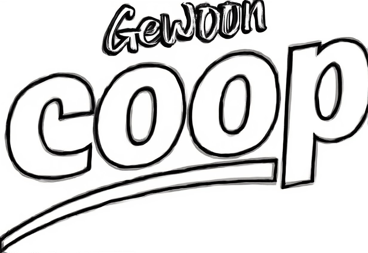 Kleurplaat van het COOP logo met 'Gewoon' erboven, in blokletters en script, met schaduw en dubbele lijn.