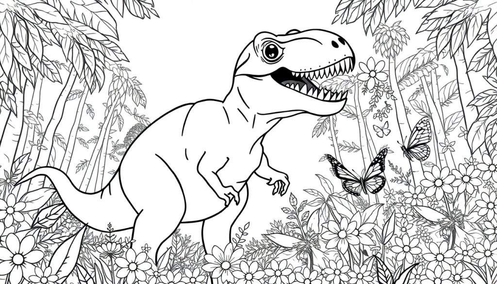 Zwart-wit kleurplaat van een grote T-Rex dinosaurus met open bek in een weelderige jungle met bamboe, bloemen en vlinders.