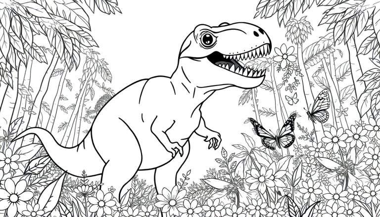 Zwart-wit kleurplaat van een grote T-Rex dinosaurus met open bek in een weelderige jungle met bamboe, bloemen en vlinders.