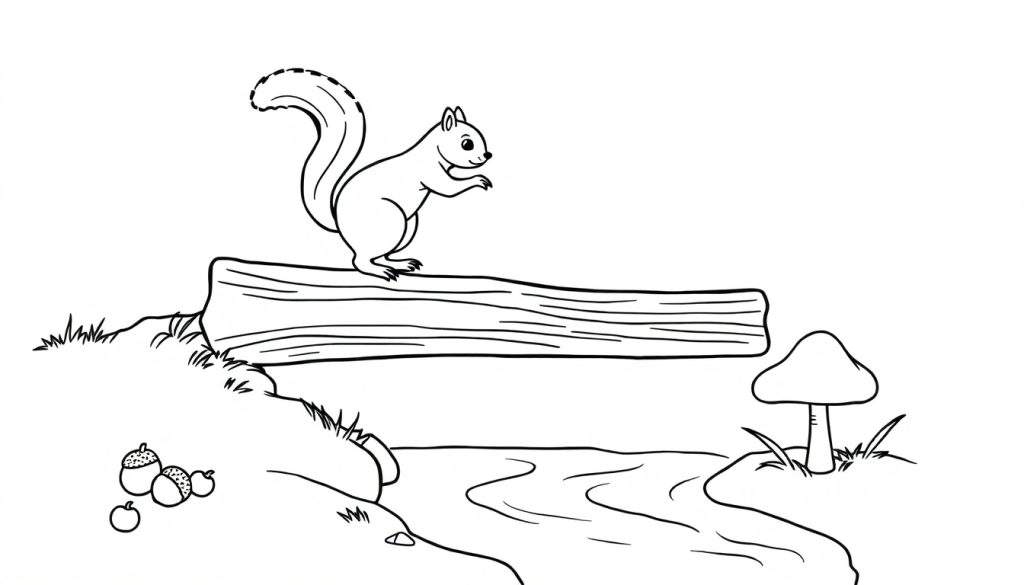 Zwart-wit lijntekening van een eekhoorn op een boomstam over een beekje, met eikels en een paddenstoel.